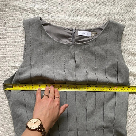 CALVIN  Klein Gray Pleated Sleeveless Belted Fit & Flare Dress Size 12 - Picture 13 of 15
